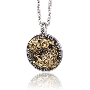 Viking Double Wolf Head Pendant Necklace Nordic Mythology Rune Titanium Steel Retro Hip Hop Jewelry For Men Women Daily Accessory