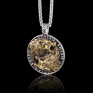 Viking dual lion head pendant necklace in silver and gold steel with runic details