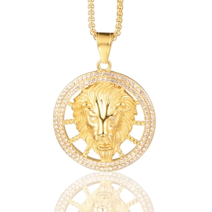 Hip Hop Löwenkopf Anhänger Halskette Titanstahl Rund Gold Löwe Halskette Mit Strass Für Herren Damen Rock Schmuck
