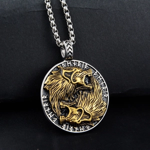 Detailed close-up of Viking double wolf head pendant with Nordic runes on a box chain