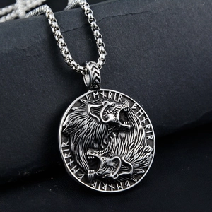 Vintage Viking double wolf head pendant necklace in stainless steel with runic symbols