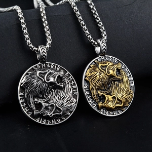 Viking double wolf pendant necklace in silver and gold finish with rune symbols