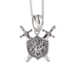 Hip hop punk style pirate skull shield with swords pendant on a box chain necklace