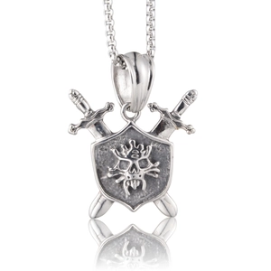 Retro Hip Hop Pirate Skull Shield Crossed Swords Pendant Necklace Antique Finish Titanium Steel Punk Jewelry For Unisex