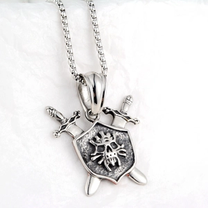 Gothic pirate skull shield pendant with crossed swords on steel box chain necklace