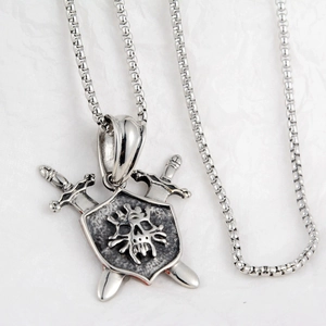 Hip-hop style titanium steel necklace with pirate skull shield and crossed swords pendant