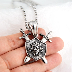 Hip hop pirate skull pendant necklace with swords in vintage silver stainless steel