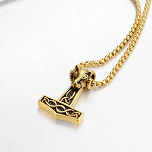 Gold Thor's Hammer Mjölnir pendant necklace with ram head and Celtic knot details