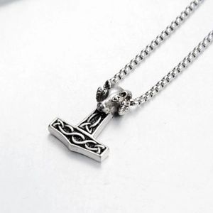 Viking Thor's hammer necklace with ram head and Celtic knot on steel ball chain