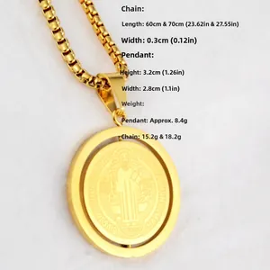 Collana con medaglia di San Benedetto girevole in acciaio inossidabile dorato unisex