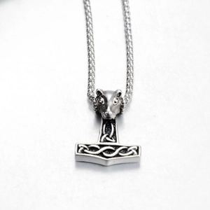 Vintage silver Mjolnir pendant with wolf head and Celtic knot on popcorn chain