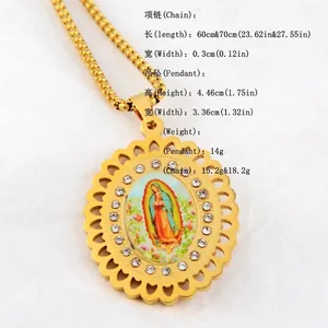 Collana con pendente della Vergine Maria Guadalupe dorata con cristalli e catena 3mm