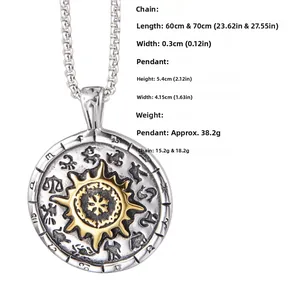 Detail showing vintage silver coin pendant with sun totem and size specifications