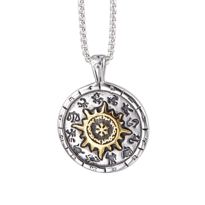 Hip hop titanium steel necklace featuring a vintage sun and zodiac round pendant