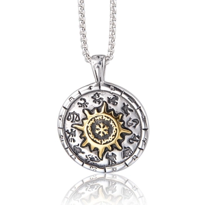 Retro Titanium Steel Zodiac Sun Pendant Necklace For Men Women Hip Hop Astrology Round Coin Two Tone Jewelry Gift Box Chain