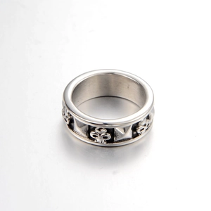 Silver stainless steel ring with skull and diamond nail relief in punk gothic style