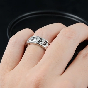 Unisex punk style silver stainless steel ring with embossed geometric pattern and totem