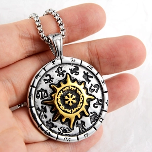 Retro stainless steel zodiac pendant necklace with gold sun relief and pearl chain