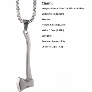 Dimensions détaillées du pendentif hache avec options de chaîne en acier 60 ou 70 cm