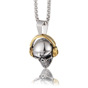 Pendentif crâne hip-hop avec casque doré sur chaîne en acier inoxydable pour hommes et femmes