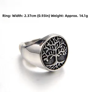 Detailed macro view of retro tree of life signet ring showing 2.37cm width and 14.1g weight