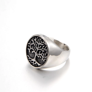 Mens vintage silver stainless steel signet ring with tree of life relief design