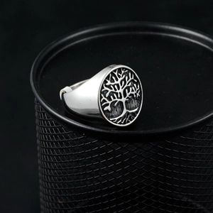 Polished stainless steel Tree of Life signet ring with engraved vintage relief detail