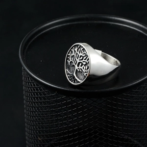 Vintage stainless steel Tree of Life signet ring with embossed black detailing for men