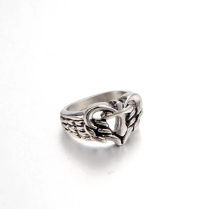 Vintage punk style titanium steel ring with carved heart wings and center cross symbol