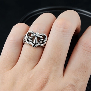 Vintage silver stainless steel cross heart ring with hollowed hip hop design