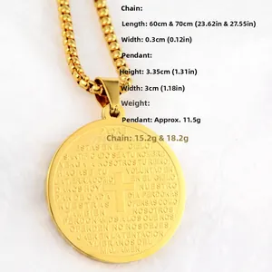 Vue détaillée des dimensions du pendentif religieux rond doré en acier inoxydable