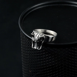Retro bull head ring in vintage oxidized titanium steel for punk and biker fashion