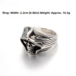 Detail shot of gothic skull ring with cloak showing width of 2.2cm and 16.5g weight