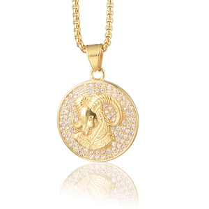Collier Pendentif Médaillon Zodiaque en Acier Titane Plaqué Or Strass Relief Rond Constellation Bijoux Hip Hop