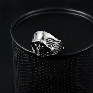 Gothic skull reaper ring in vintage titanium steel with hood detail and black finish