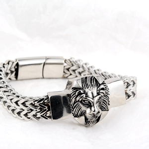 Herren-Armband mit Löwenkopf im Retro-Stil mit geflochtener Kette in Altsilber-Optik