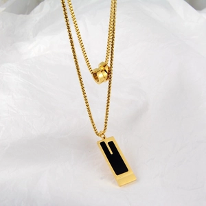 Minimalist double layer titanium steel necklace with square and cylinder pendants