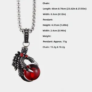 Detailed punk dragon claw pendant with red gemstone and stainless steel necklace dimensions