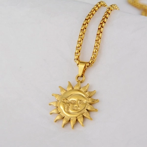 Collier pendentif soleil hip hop en acier inoxydable doré avec chaîne box solide