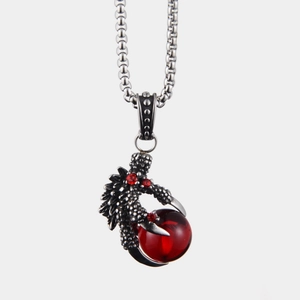 Hip hop dragon claw pendant necklace with red crystal gem and vintage steel chain link