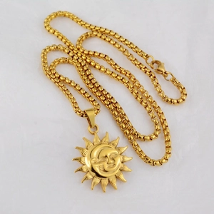 Pendentif soleil et lune doré de style hip hop avec chaîne vénitienne pour hommes et femmes