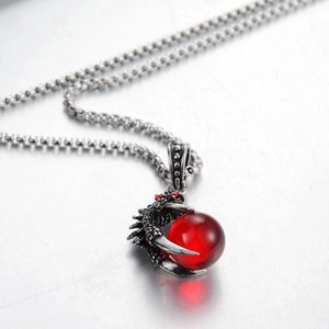 Hip hop style dragon claw pendant necklace with red bead on square box chain