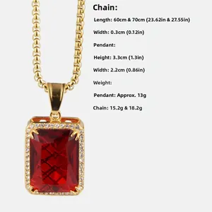 Detailed size chart for hip hop titanium steel necklace with ruby rectangle pendant