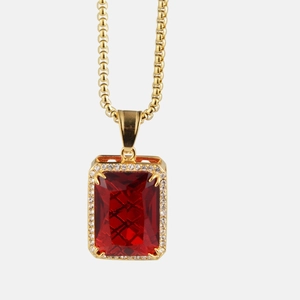 Hip hop style titanium steel necklace with rectangular red ruby pendant and diamond halo