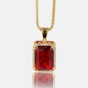Hip Hop Titanium Steel Rectangle Red Gemstone Pendant Necklace Luxury Rhinestone Pave Setting Jewelry For Men Women Daily Decor