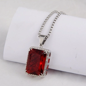 Hip hop style titanium steel necklace with rectangular red ruby and diamond halo