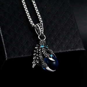 Hip hop dragon claw pendant necklace with blue gemstone and diamonds in silver steel