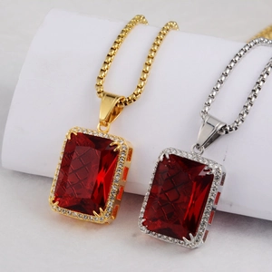 Hip hop titanium steel necklace with square red ruby pendant surrounded by zircon diamonds