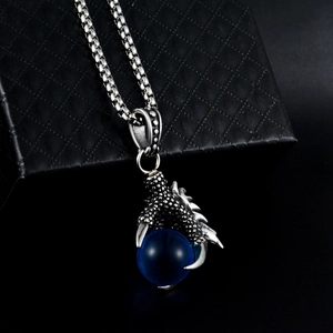 Hip hop dragon claw necklace with deep blue bead pendant in retro titanium steel