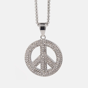 Collana con ciondolo segno della pace in acciaio inossidabile argento e strass lucidi